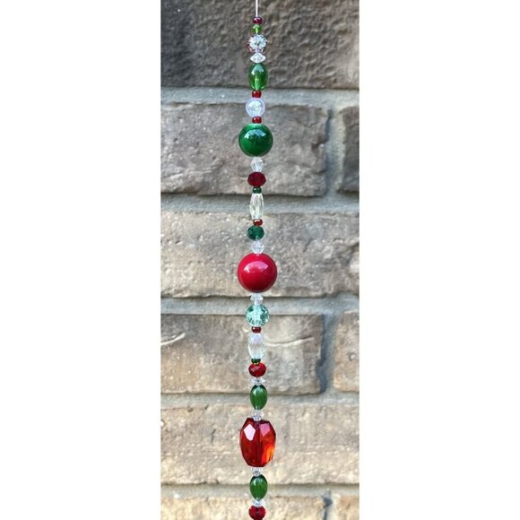 Beaded Christmas Suncatcher Red Green Clear Crystal Prism Hanging Patio Decor - Picture 7 of 10